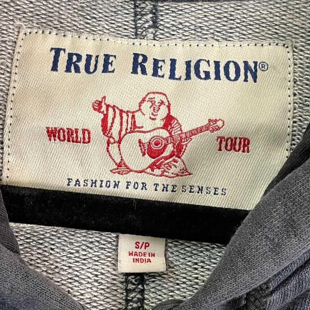 True Religion Mens Small Navy Zip‎ Up Hoodie Jacket Distressed
